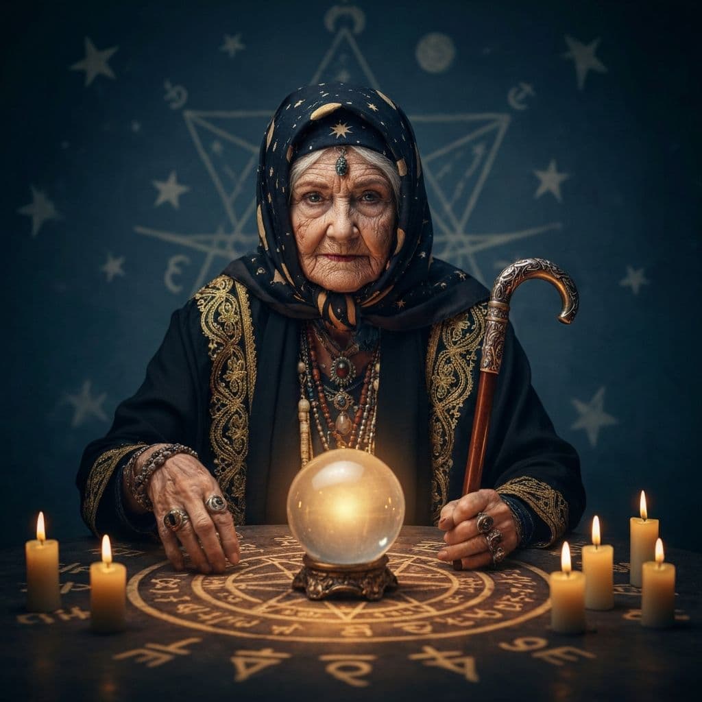 Бабушка МарфИИя, высокая пожилая гадалка в мистических одеждах с хрустальным шаром